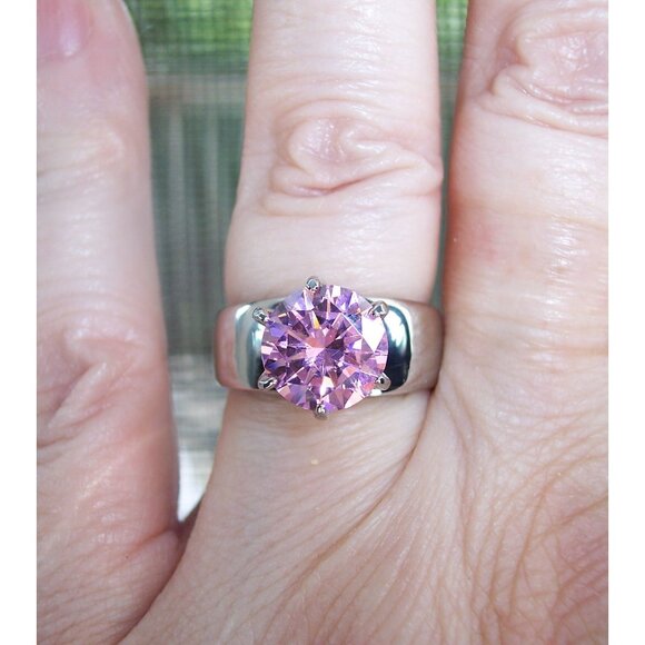 STAINLESS STEEL Simulated Pink Sapphire Solitaire Band Ring - Picture 7 of 16